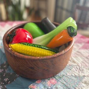 Vintage Murano Glass Vegetable Set in Wooden Bowl